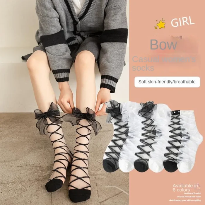 Elegant Organza Cross Lace Bow Socks - Japanese Lolita Style