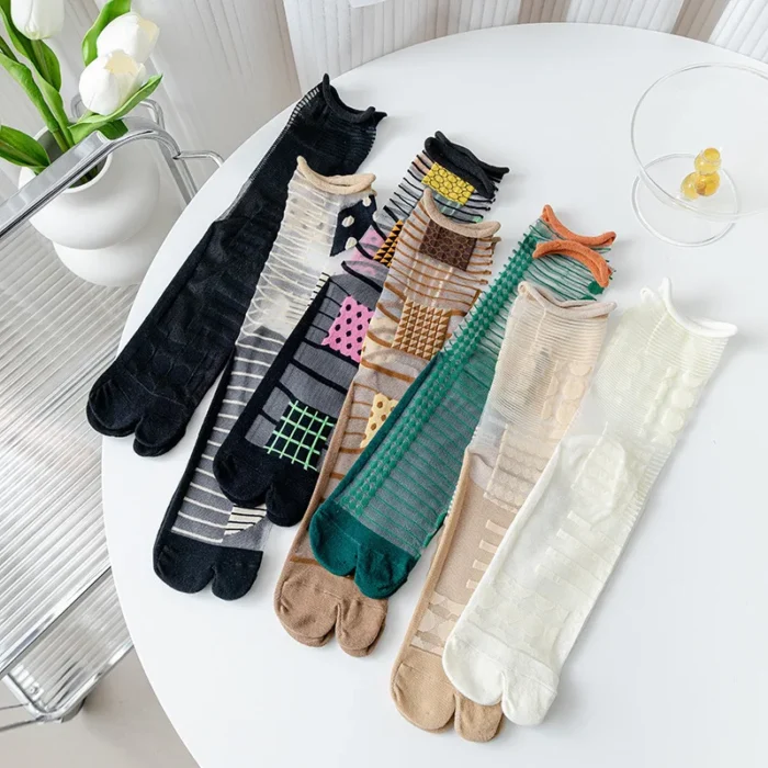 Elegant Summer Crystal Silk Tabi Socks - Ultra-Thin Sheer Frilly Design