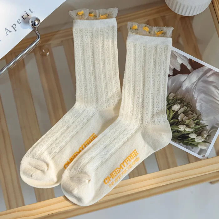Elegant Summer JK Ultra-Thin Cotton Socks - Sheer Lace with Flower Painting