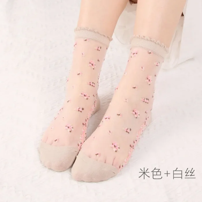 Elegant Ultra-Thin Transparent Lace Silk Socks - Summer Breathability with Crystal Rose Flower Design