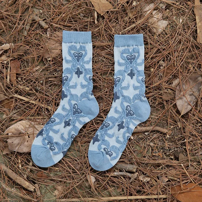 Elegant Vintage Blue Ethnic Embroidered Socks - Japanese Harajuku Style