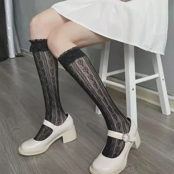 Floral Print Mesh Knee-High Stockings - Elegant Fishnet Fashion