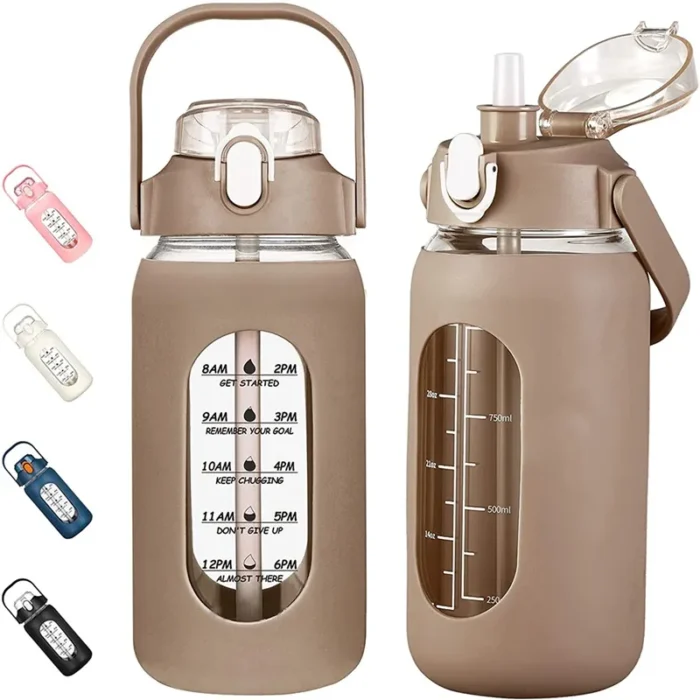 Glass Water Bottle with Straw and Time Marker 1000ML
