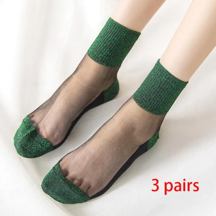 Glittering Ultrathin Transparent Crystal Silk Socks - 3-Pair Spring/Summer Set