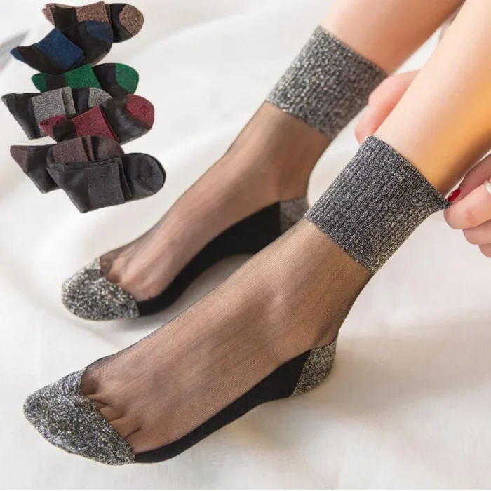 Glittering Ultrathin Transparent Crystal Silk Socks - 3-Pair Spring/Summer Set