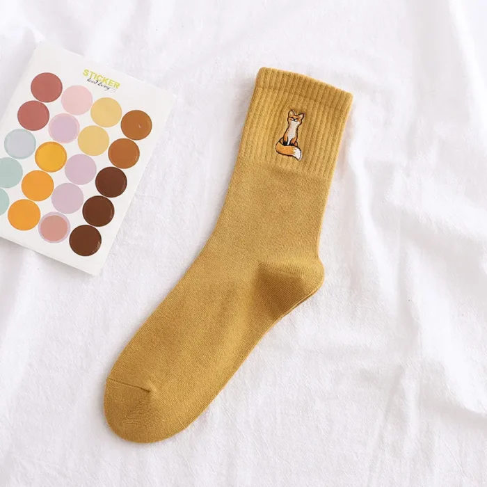 Happy Fox Embroidery Cotton Socks - Harajuku Style for Women