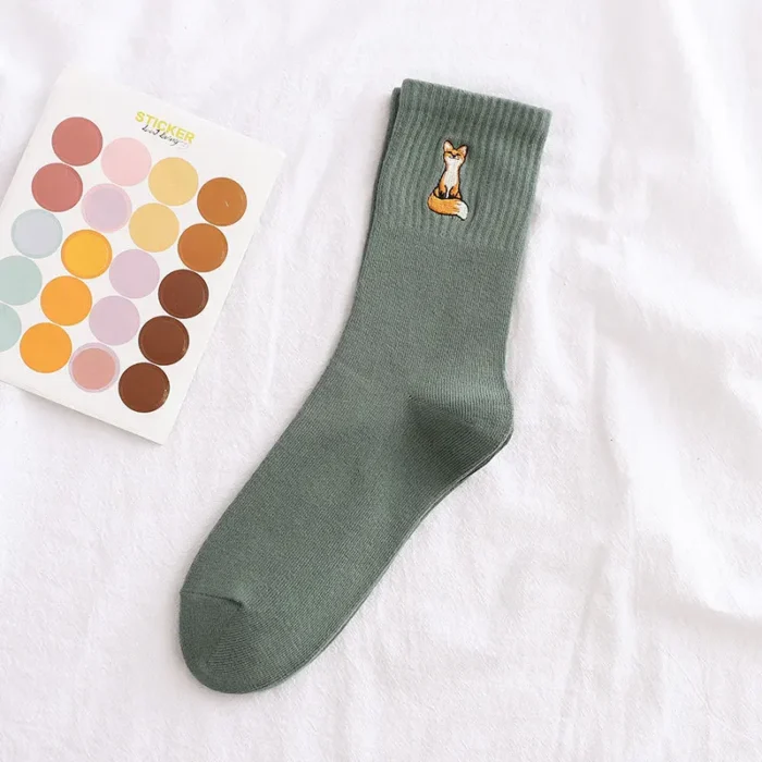 Happy Fox Embroidery Cotton Socks - Harajuku Style for Women