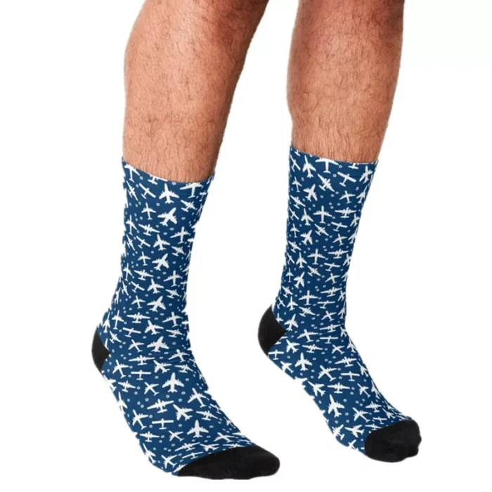 Harmony in the Skies: Magical Blue and White Aeroplanes Hip Hop Crew Socks