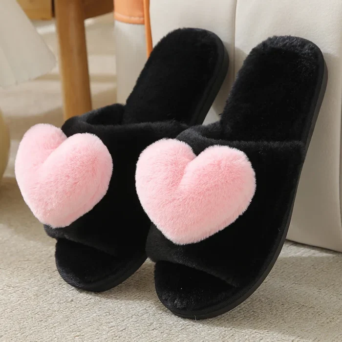 Heartfelt Warmth: Women's Cute Heart Pattern Plush Home Slippers for Autumn-Winte