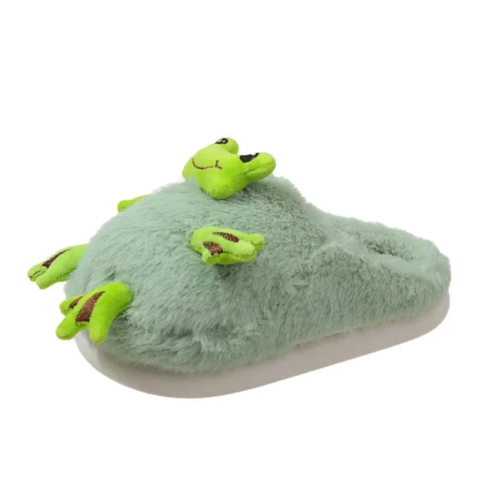 Hop into Comfort: Women's Funny Frog Fluffy Cotton Slippers for Winter
