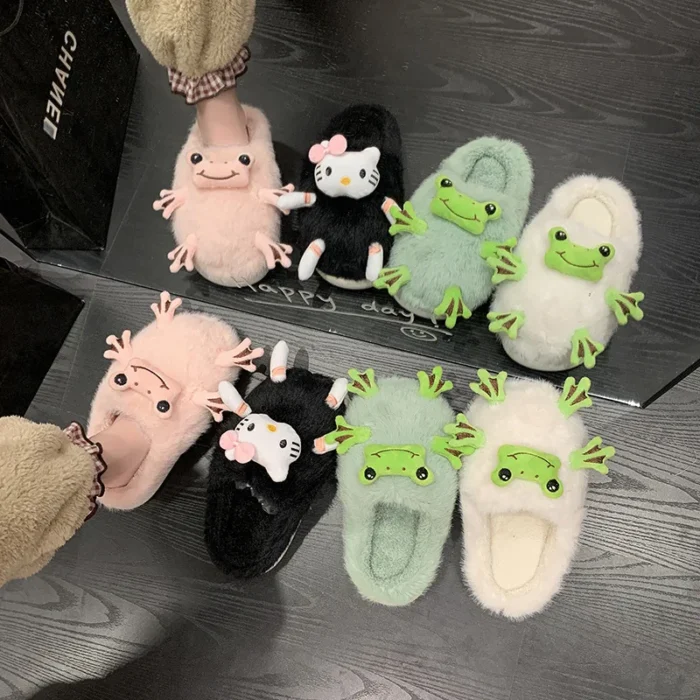 Hop into Comfort: Women's Funny Frog Fluffy Cotton Slippers for Winter