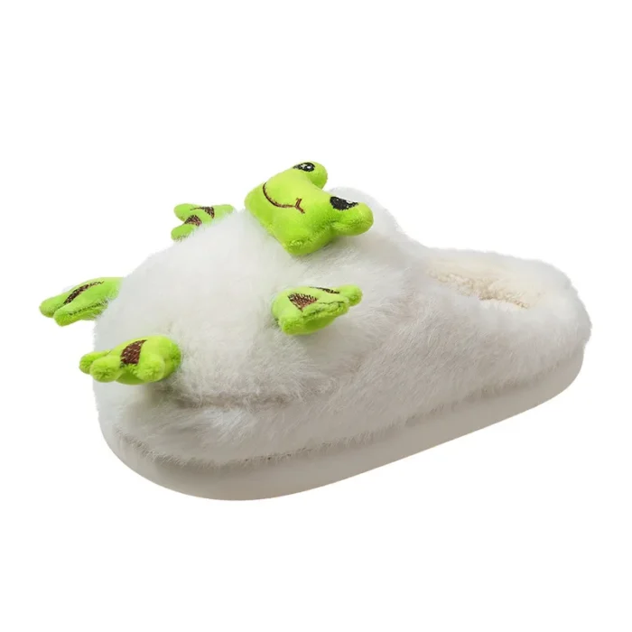 Hop into Comfort: Women's Funny Frog Fluffy Cotton Slippers for Winter