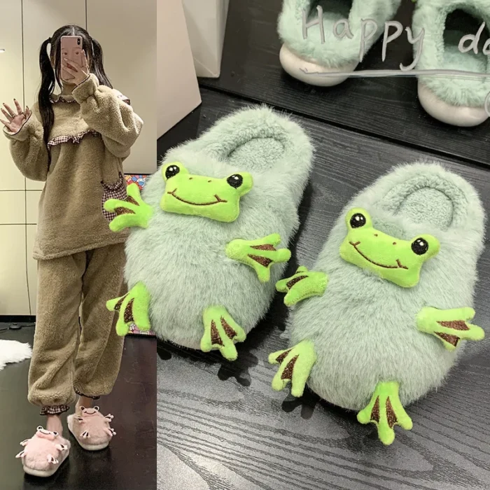 Hop into Comfort: Women's Funny Frog Fluffy Cotton Slippers for Winter