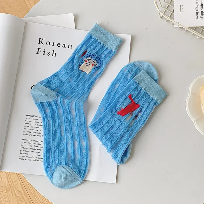 Japanese Harajuku AB Socks – Spring/Summer Chic Cartoon Character Embroidery Silk Socks - Blue