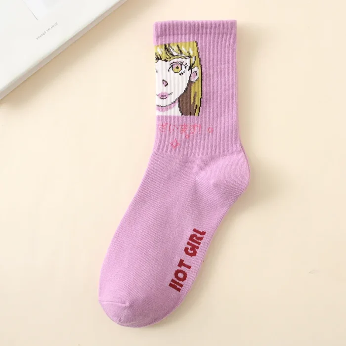 Japanese Ins Comics Tide Socks - Mid-Tube Skateboard Style Illustration for Women