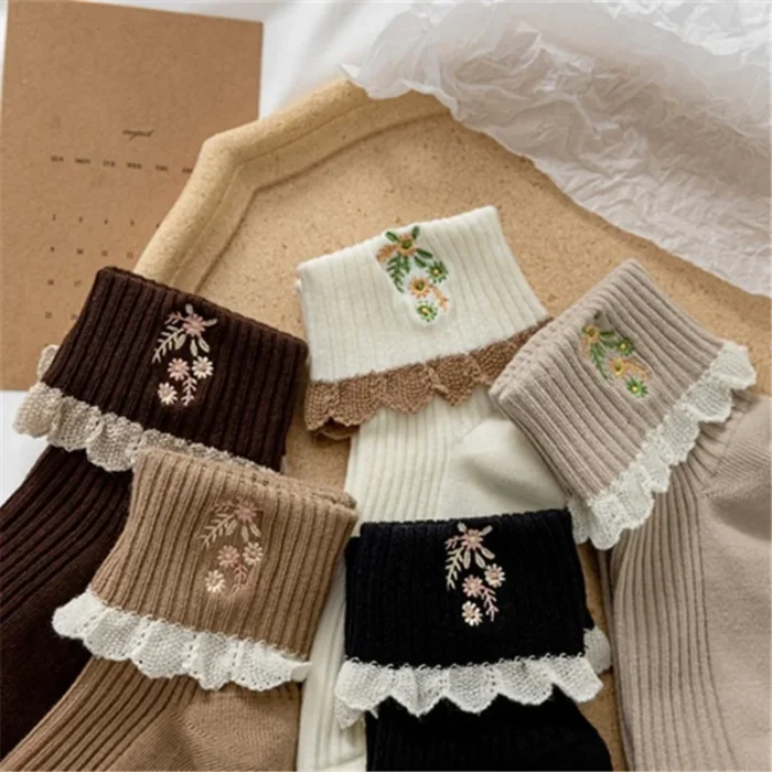 Japanese Kawaii JK Lolita Lace Ruffle Socks - Floral Embroidered Harajuku Style