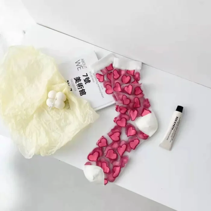 Japanese Style Sweet Crystal Glass Silk Socks - Ultra-Thin & Heart Print for Summer
