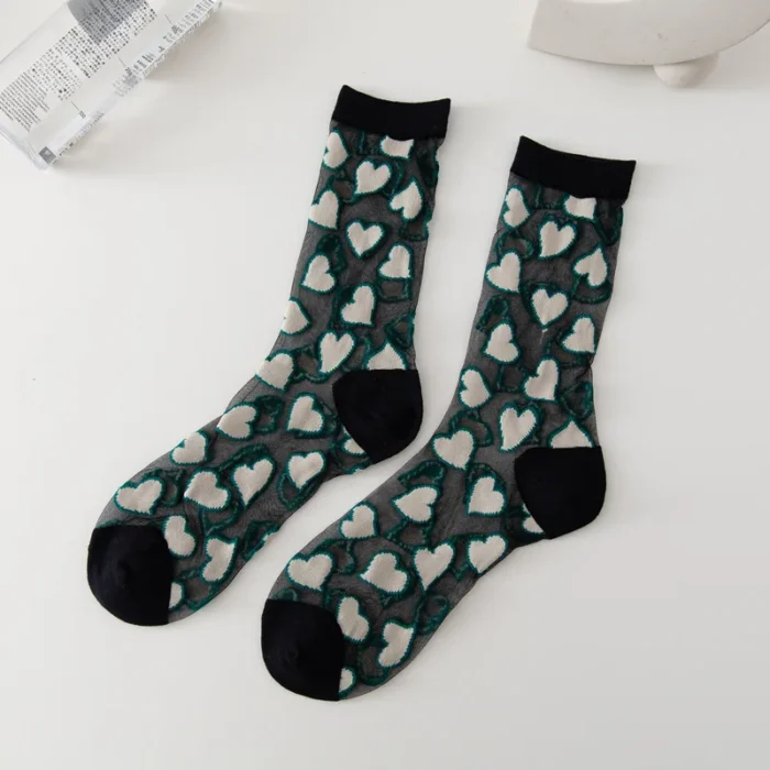 Japanese Style Sweet Crystal Glass Silk Socks - Ultra-Thin & Heart Print for Summer