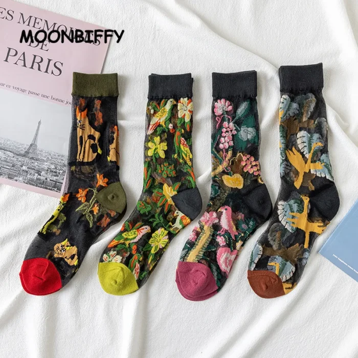 Japanese Summer Glass Silk Socks - Thin Cartoon Flower Tube Fashion