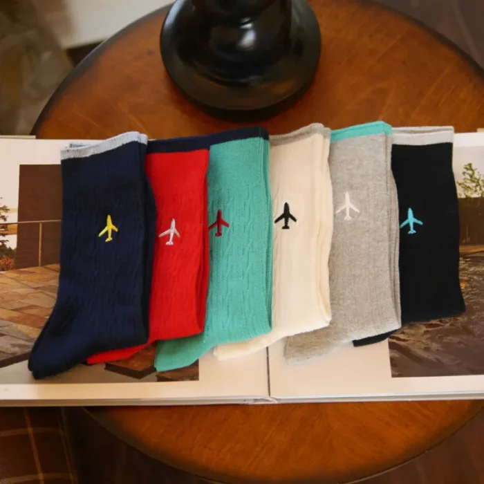 Jet Set Elegance - Men's Pure Color Business Dress Socks with Embroidered Aircraft