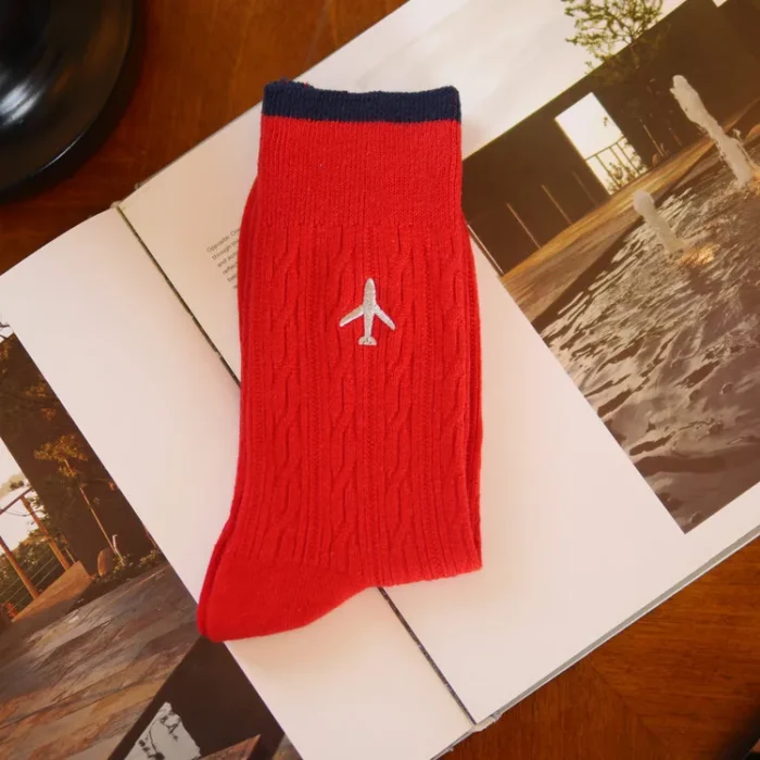 Jet Set Elegance - Men's Pure Color Business Dress Socks with Embroidered Aircraft