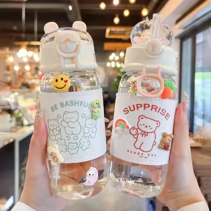 Kawaii Bear 480ml Glass Bottle - Cute, Portable with Straw for Kids
