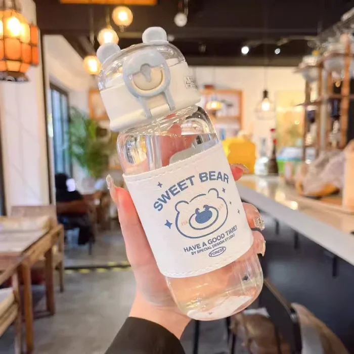 Kawaii Bear 480ml Glass Bottle – Cute, Portable with Straw for Kids - Blue
