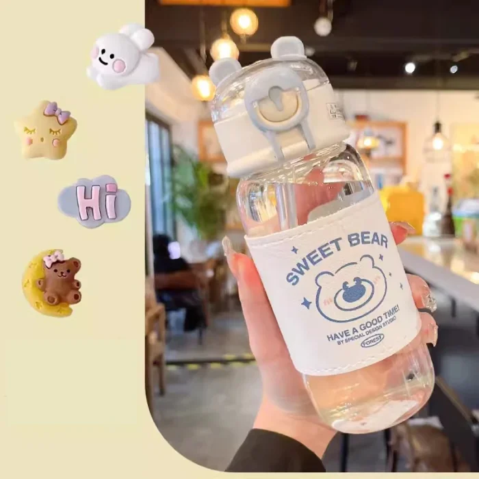 Kawaii Bear 480ml Glass Bottle – Cute, Portable with Straw for Kids - Blue A