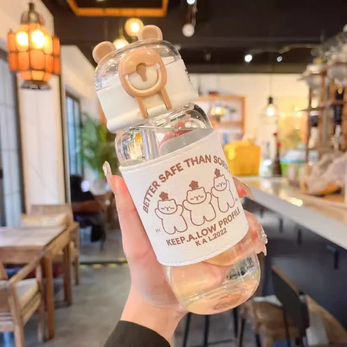 Kawaii Bear 480ml Glass Bottle – Cute, Portable with Straw for Kids - Coffee