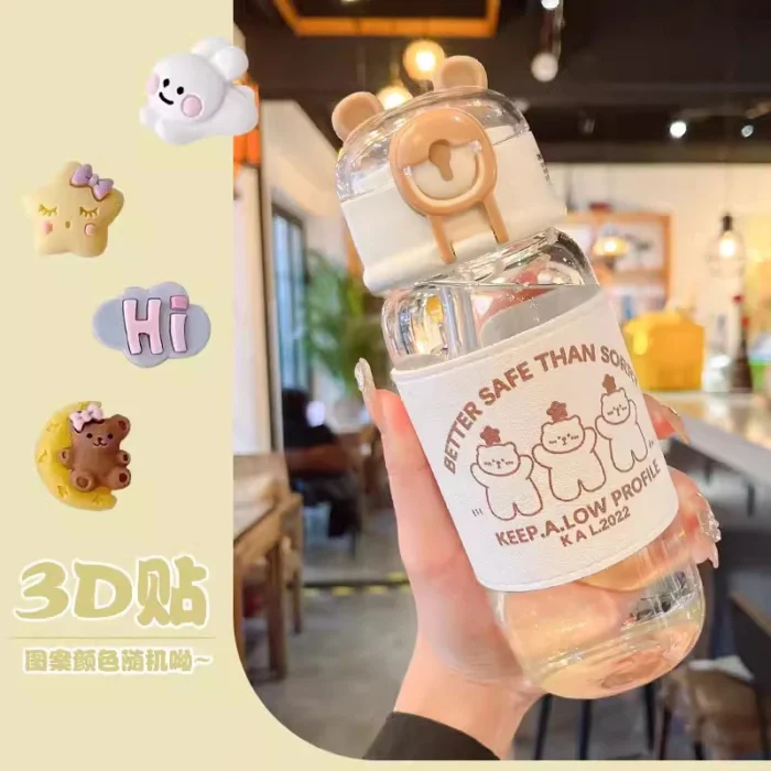 Kawaii Bear 480ml Glass Bottle – Cute, Portable with Straw for Kids - Coffee A