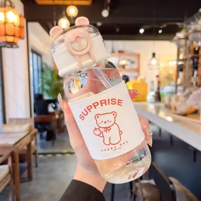 Kawaii Bear 480ml Glass Bottle – Cute, Portable with Straw for Kids - Pink