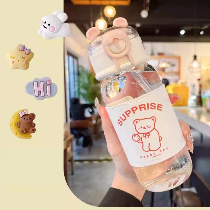 Kawaii Bear 480ml Glass Bottle – Cute, Portable with Straw for Kids - Pink A