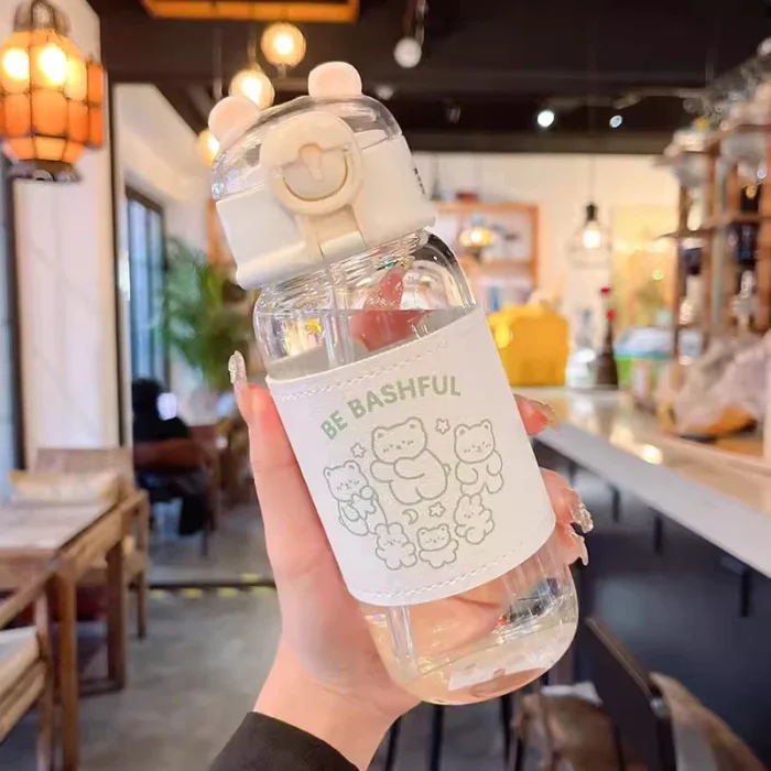 Kawaii Bear 480ml Glass Bottle – Cute, Portable with Straw for Kids - White