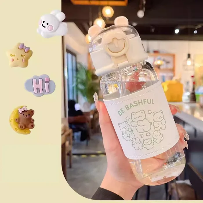 Kawaii Bear 480ml Glass Bottle – Cute, Portable with Straw for Kids - White A