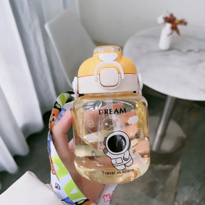 Kawaii Double Drink Kids Water Bottle – Cute Tumbler with Straw & Rope - orange