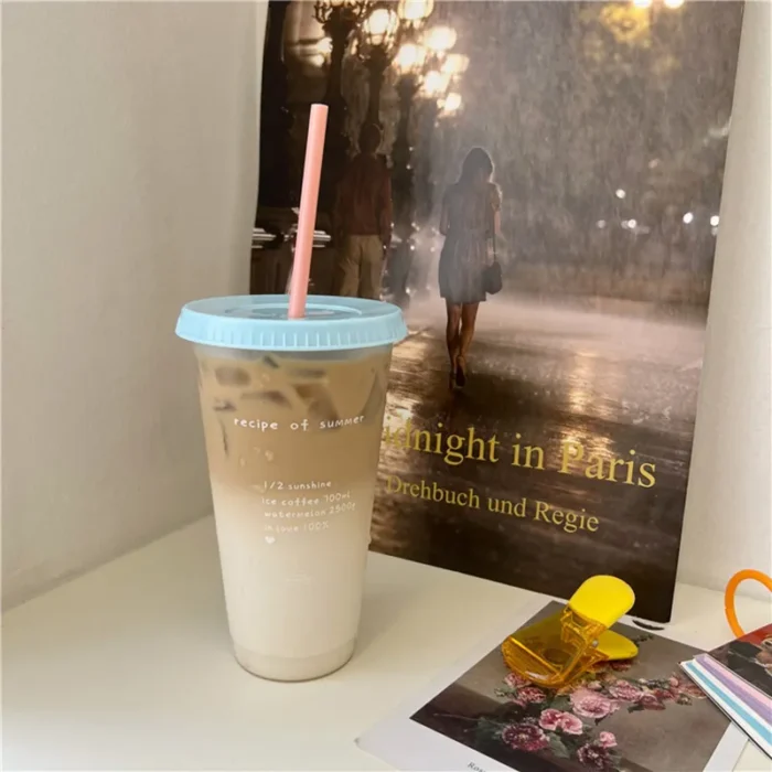 Kawaii Reusable Water Bottle - Cute Plastic Cup for Coffee, Juice, Milk Tea with Straw Lid, BPA Free