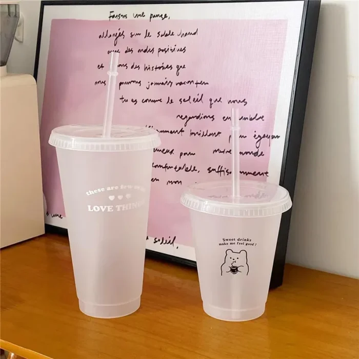 Kawaii Reusable Water Bottle - Cute Plastic Cup for Coffee, Juice, Milk Tea with Straw Lid, BPA Free