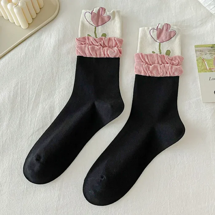 Korean Fashion Floral Print Ruffle Socks - Harajuku Vintage Lacework for Sweet Kawaii Style