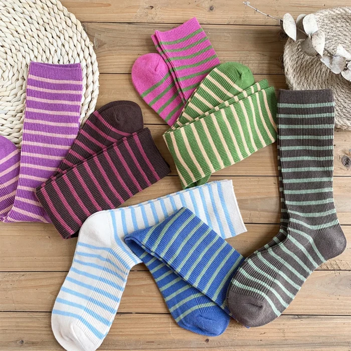 Korean Style Striped Middle Tube Socks - Casual Cotton Comfort for Women