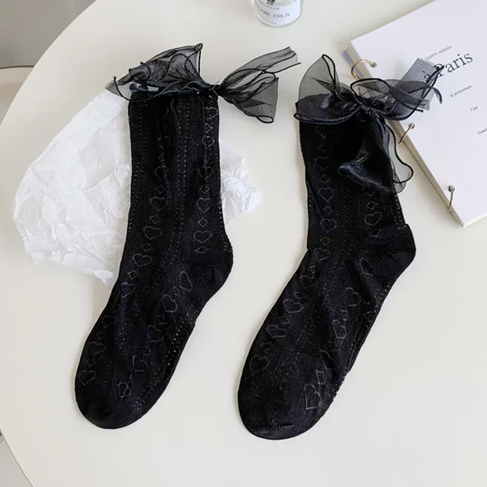 Lolita Hollow Thin Socks - Japanese JK Style with Heel Bow Accent