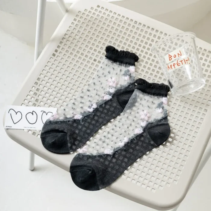 Lolita Hollow Thin Socks - Japanese JK Style with Heel Bow Accent