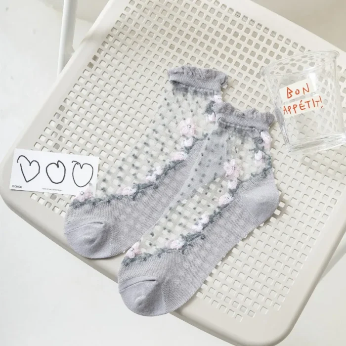 Lolita Hollow Thin Socks - Japanese JK Style with Heel Bow Accent