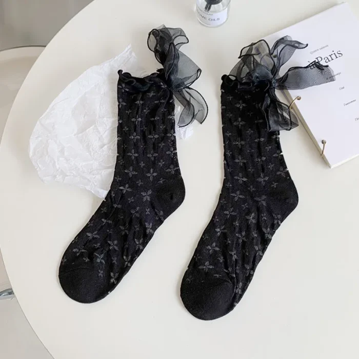 Lolita Hollow Thin Socks - Japanese JK Style with Heel Bow Accent