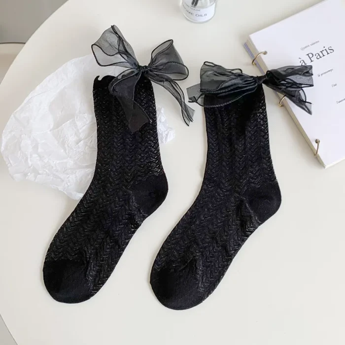 Lolita Hollow Thin Socks - Japanese JK Style with Heel Bow Accent