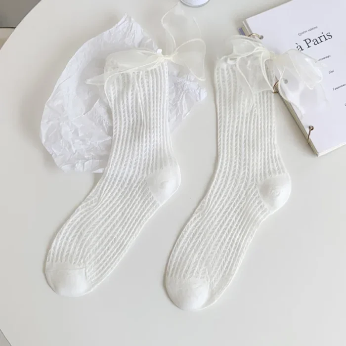 Lolita Hollow Thin Socks - Japanese JK Style with Heel Bow Accent