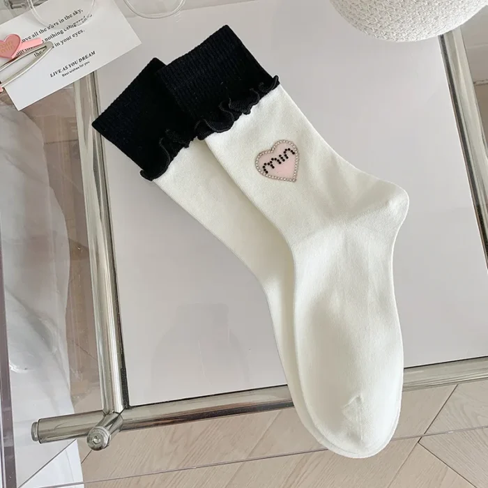 Luxury Rhinestone Heart Cotton Tube Socks - Designer European Style