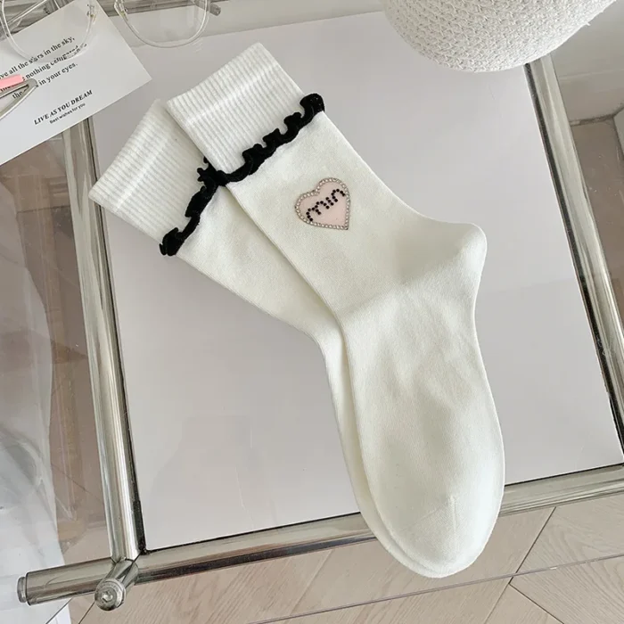 Luxury Rhinestone Heart Cotton Tube Socks - Designer European Style