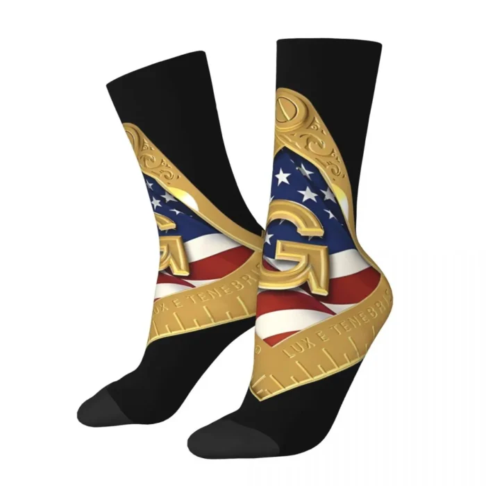 Masonic American Flag Gold Square & Compass Crew Socks - Vintage Freemason Hip Hop Style for Men