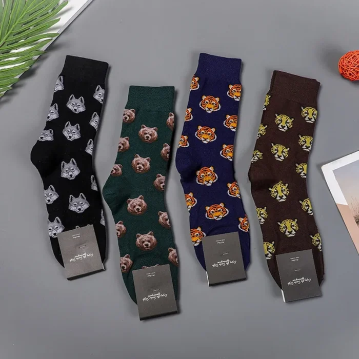 Men's Animal Print Crew Socks - Soft Cartoon Tiger and Wolf Designs for Autumn and Winter, Korean Casual Style