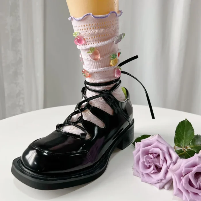 Millennial Korean Girl Lace Fishnet Calf Socks – Niche Design JK Candy-Colored Fruit Party - Purple